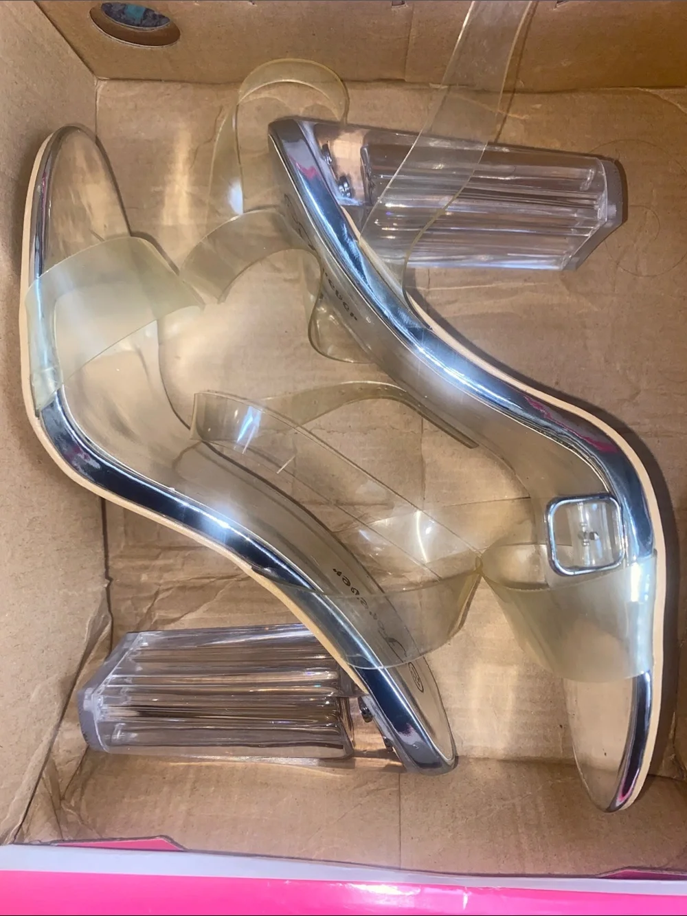 Forever 21 Silver Metallic Slide Heels with Clear Straps